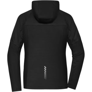 A black ladies running jacket with a hood and a reflective logo on the back.