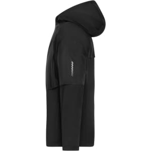 A black men's running jacket with a hood, featuring a sleek design and a branding logo on the sleeve.
