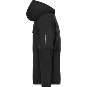 A men's running jacket in black with a hood and a logo on the sleeve.