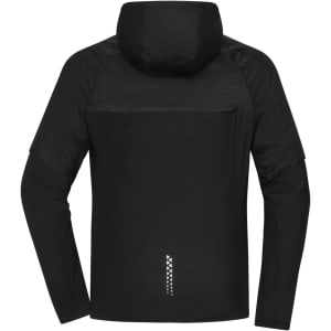 A black men's running jacket featuring a hood and a minimalistic design on the back. It includes a logo.
