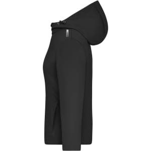 A black ladies' softshell jacket featuring a hood, with a zippered front and side pocket openings.