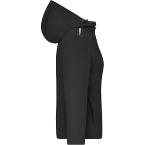 A black ladies' softshell jacket with a hood, featuring zip pockets and a logo detail.