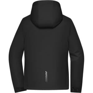 A black ladies' softshell jacket with a hood, featuring a logo on the back.