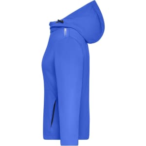A blue ladies' sports softshell jacket featuring a hood and side pockets, with a logo on the shoulder.