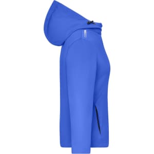 A blue softshell jacket with a hood and a logo, featuring a sleek design and side pockets.