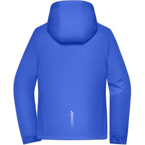 A blue softshell jacket with a hood and a logo on the back. The jacket features a simple, modern design.