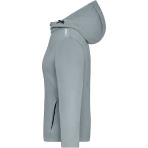 A softshell jacket in light grey with a hood and side zip pockets. The jacket features a logo on the shoulder.