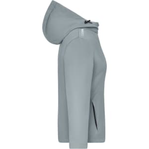 A ladies' softshell jacket in light grey, featuring a hood and side pockets, with a logo on the sleeve.