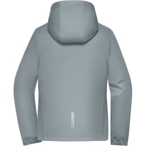 A grey softshell jacket with a hood, featuring a logo on the back and a reflective design detail at the bottom.