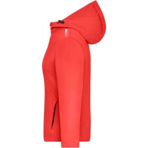 A red ladies sports softshell jacket featuring a hood and side pockets, with a logo on the sleeve.