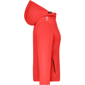 A red ladies sports softshell jacket with a hood, featuring a zip closure and side pockets.