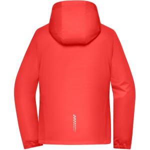 A red ladies sports softshell jacket with a hood, featuring a logo and a sleek design.