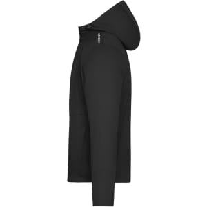 A black men's softshell jacket with a hood, featuring a sleek design and a logo.
