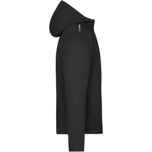 A men's softshell jacket in black, featuring a hood and a sleek side profile. The jacket includes branding.