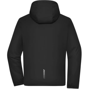 A black men's sports softshell jacket featuring a hood and a design element on the back. It includes a logo.
