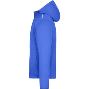 A blue men's softshell jacket with a hood, featuring a logo on the chest and a sleek, modern design.