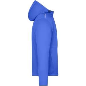 A blue men's sports softshell jacket with a hood and a logo, featuring a smooth texture and a side view.