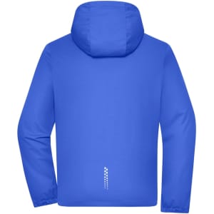 A men's softshell jacket in bright blue with a hood and a logo on the back.