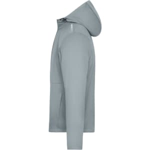 A softshell jacket in light grey with a hood, featuring a logo on the sleeve.