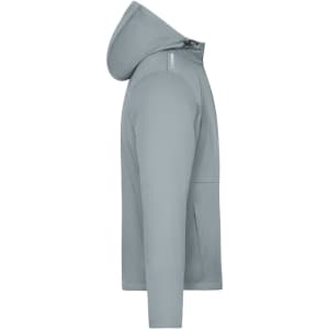 A men's sports softshell jacket in grey, featuring a hood and side pockets, with branding present.