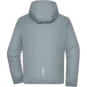 A softshell jacket in light grey with a hood and a logo on the back.