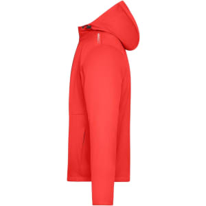 A red men's sports softshell jacket featuring a hood and a logo, shown from the side.