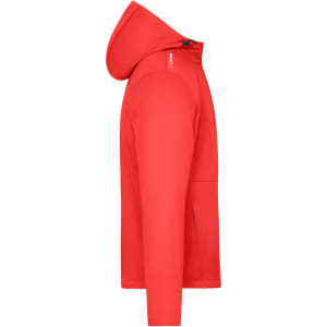 A red men's sports softshell jacket with a hood, featuring a sleek design and a logo.
