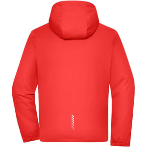 A red men's sports softshell jacket with a hood and a logo on the back.