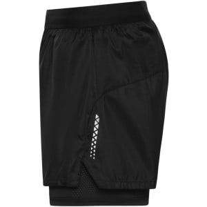 A pair of black sports shorts with a mesh lining and reflective detailing. The shorts have an elastic waistband and a logo.