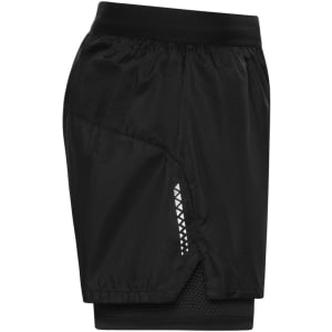 A pair of black ladies running shorts with a lightweight design and mesh lining, featuring a logo.