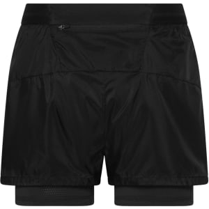 Black ladies' running shorts featuring a layered design and a small pocket. Includes a logo.