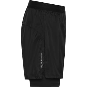 Men's running shorts in black with a mesh panel and a logo. Features a comfortable elastic waistband.
