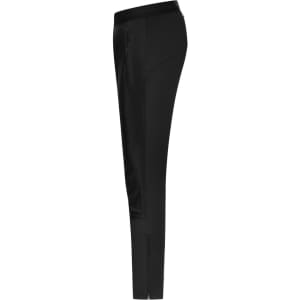 Black ladies' running pants with a fitted design and side pockets. Features a branding logo.