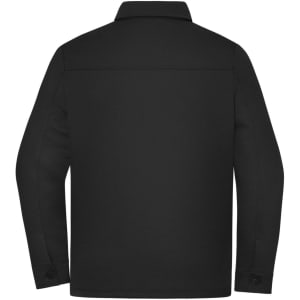 A black unisex shirt jacket with a collared neckline and button detailing at the cuffs. It features a plain back view.