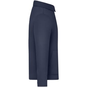 A navy unisex shirt jacket with long sleeves and a collar, featuring a side pocket and a branding logo.