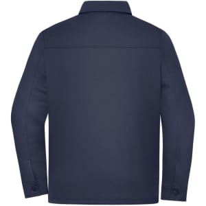 A unisex shirt jacket in navy blue with long sleeves and a collar. Features buttons on the cuffs and a logo.