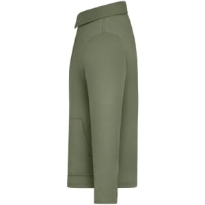 A unisex shirt jacket in olive green, featuring a collar and side pocket. It has a simple logo on the fabric.