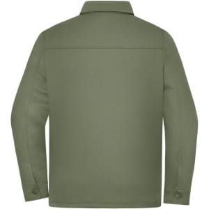 A unisex jacket in olive green with a collar and long sleeves. Features a back view design.