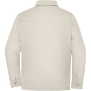 A unisex shirt jacket in cream with a collar and long sleeves, featuring a logo on the back.