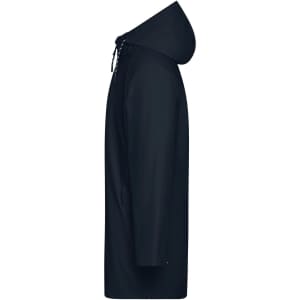A unisex raincoat in dark navy, featuring a hood and a straight silhouette, with a visible logo.