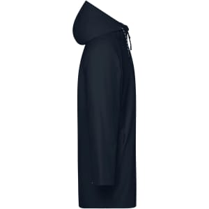 A unisex navy raincoat with a hood, featuring a simple design and a side view. It has a logo on the front.