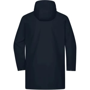 A unisex raincoat in navy blue, featuring a hood and long sleeves, with a logo on the back.