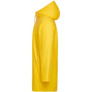 A yellow unisex raincoat with a hood, featuring a long design and a side view. The jacket has a logo.