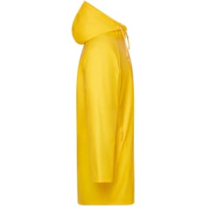 A yellow unisex raincoat featuring a hood and a sleek design, with a branding logo on the side.