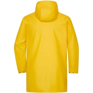 A yellow unisex raincoat featuring a hood and a simple design, with a logo on the back.