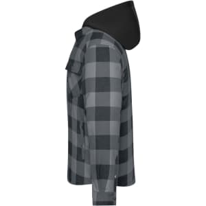 A check shirt jacket in grey and black with a hood, featuring a side view and a logo on the jacket.