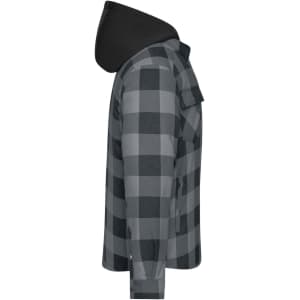 A grey and black check shirt jacket with a hood, featuring a side view showing its design and fit.