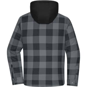 A grey and black checked work shirt jacket with a hood and zippered pockets. Features a branding logo.