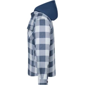 A check shirt jacket in navy and light blue, featuring a hood and side pocket, with a casual style.