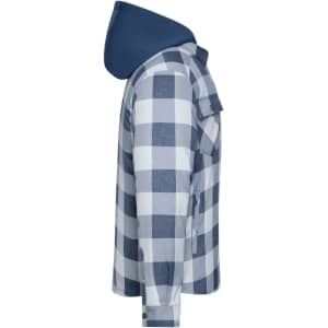 A check shirt jacket featuring a blue hood, with a blue and white check pattern, and a side view showing details.